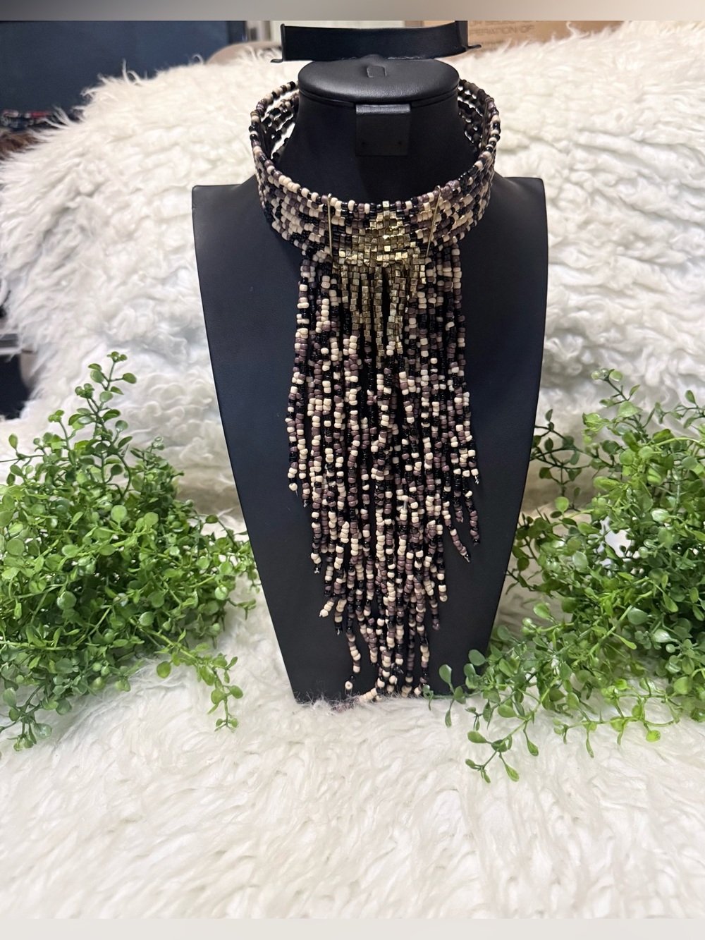 paparazzi Black, Cream and Gold Beaded Fringe Collar Necklace